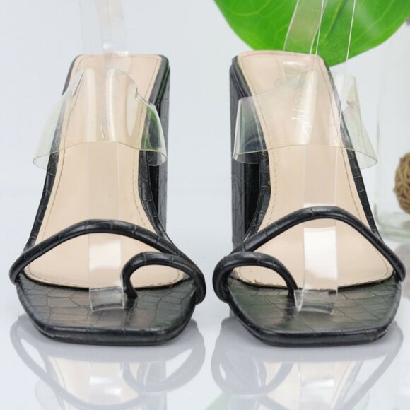 Nasty Gal Womens Sandal Size 6 Black Clear Strappy Mule Square Toe Block Heel - Picture 2 of 12